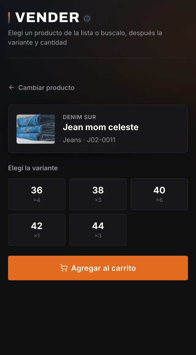 Nova Local en el celular, vendiendo un jean por talle